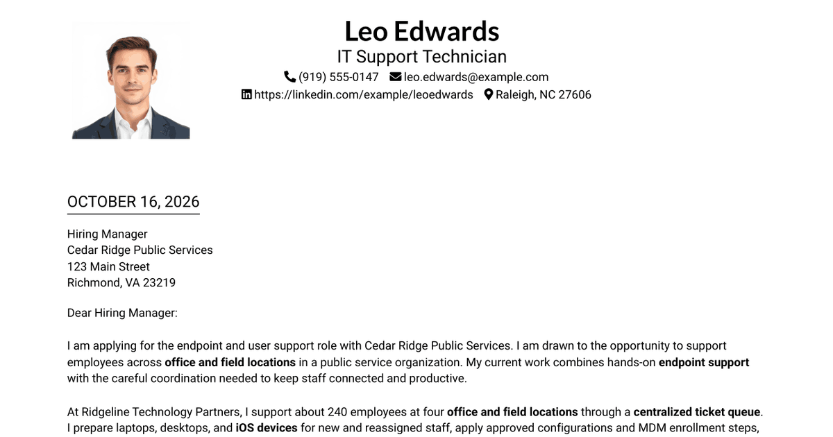 7 Information Technology Technician - Endpoint and User Support Cover Letter Templates with Example