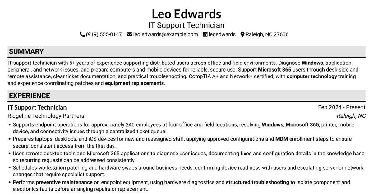 7 Information Technology Technician - Endpoint and User Support Resume Templates with Example