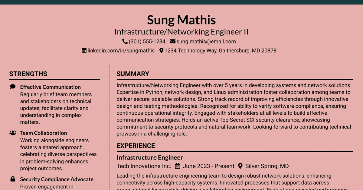 33 Infrastructure/Networking Engineer II Resume Templates with Example 2026 (ATS-Optimized)