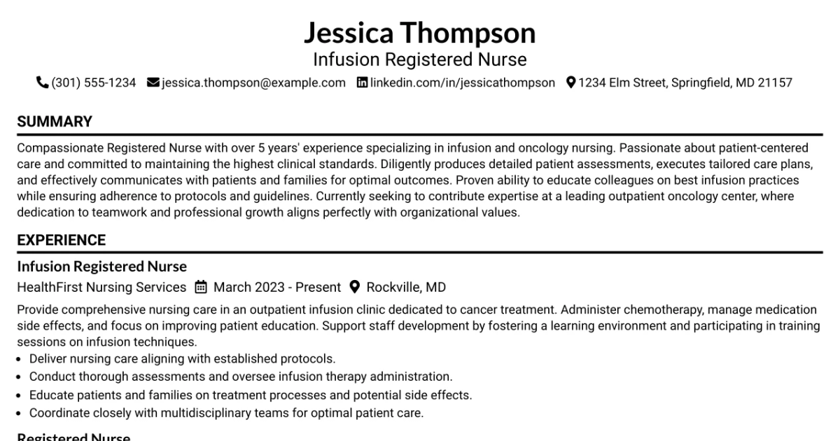 33 Infusion Registered Nurse Resume Templates with Example 2026 (ATS-Optimized)
