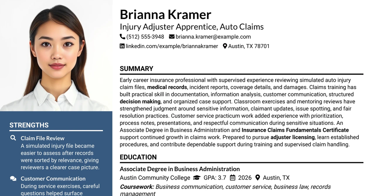 33 Injury Adjuster Apprentice - Auto Claims Resume Templates with Example