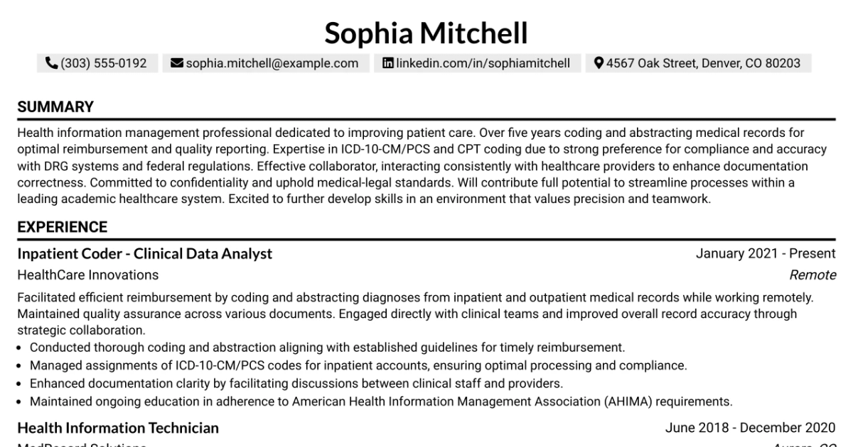 33 Inpatient Coder - Clinical Data Analyst Resume Templates with Example 2026 (ATS-Optimized)
