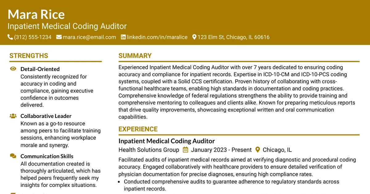 33 Inpatient Medical Coding Auditor Resume Templates with Example 2026 (ATS-Optimized)