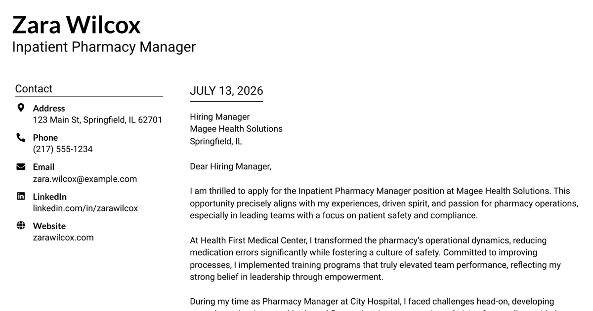 30+ Inpatient Pharmacy Manager Cover Letter Templates with Example 2026