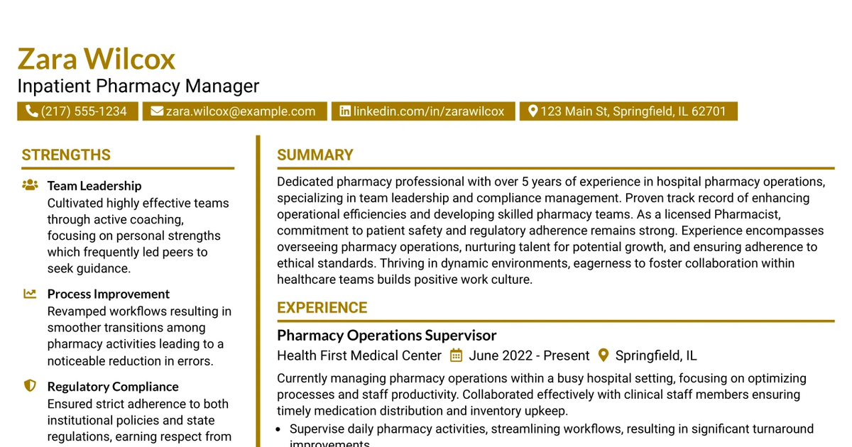33 Inpatient Pharmacy Manager Resume Templates with Example 2026 (ATS-Optimized)