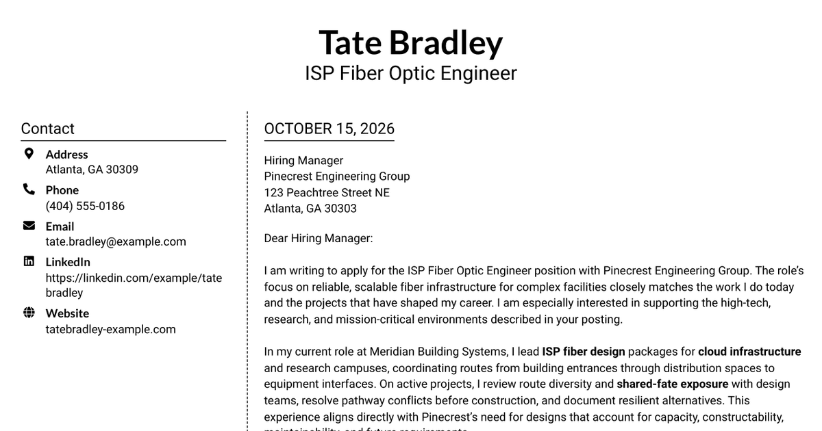 7 Inside Plant (ISP) Fiber Optic Engineer - High-Tech Connectivity Cover Letter Templates with Example