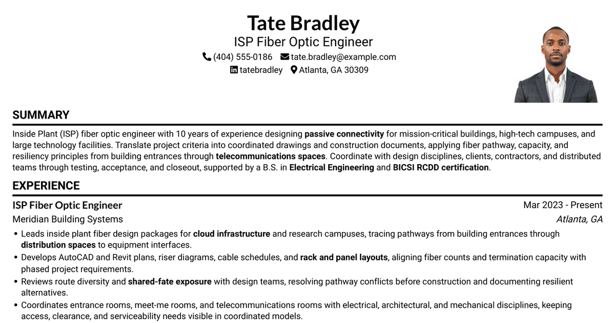 7 Inside Plant (ISP) Fiber Optic Engineer - High-Tech Connectivity Resume Templates with Example