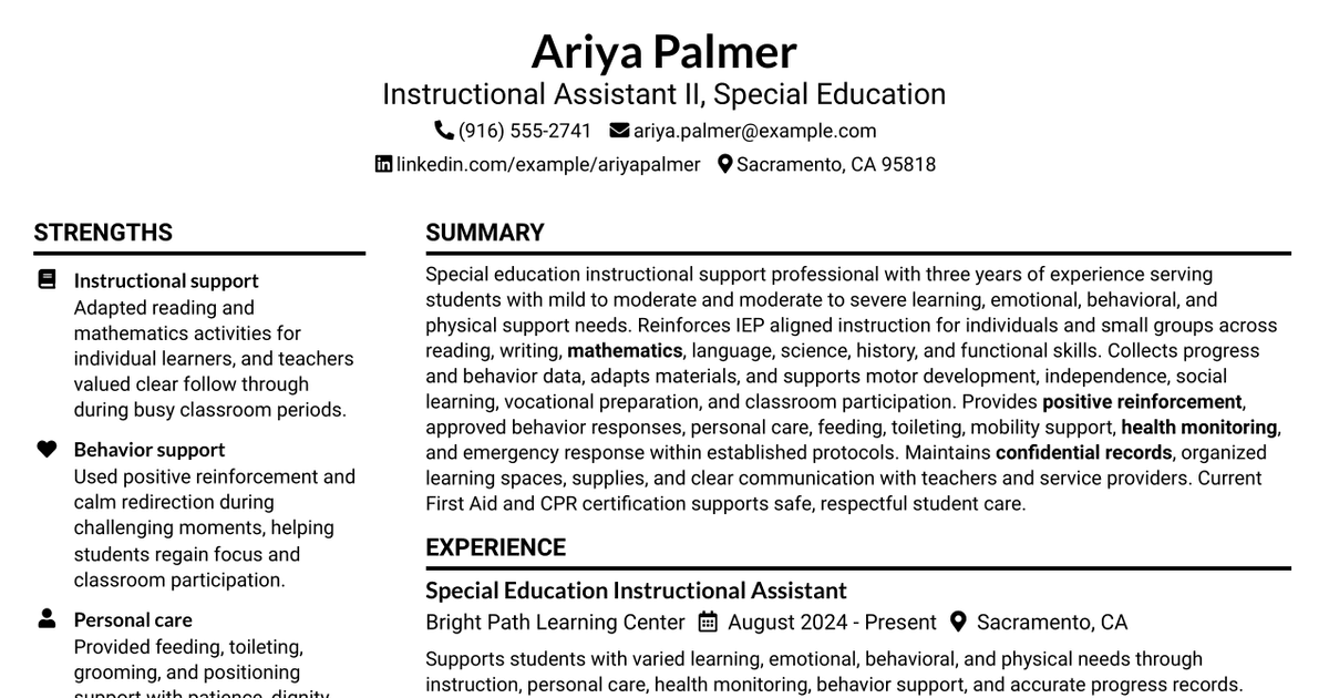 7 Instructional Assistant II - Special Ed Resume Templates with Example