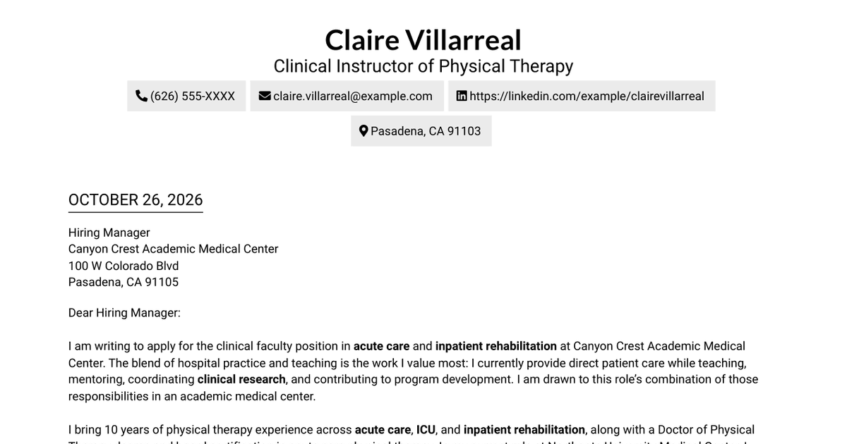 7 Instructor of Clinical Physical Therapy - Acute Care and Inpatient Rehabilitation Cover Letter Templates with Example
