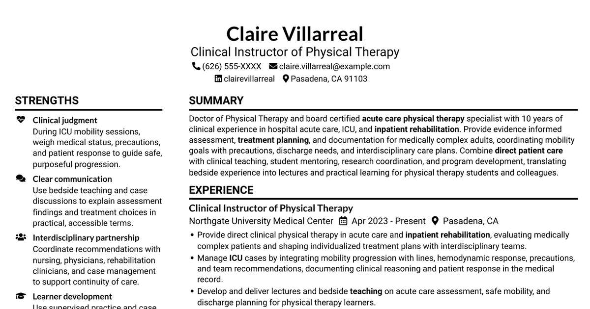 7 Instructor of Clinical Physical Therapy - Acute Care and Inpatient Rehabilitation Resume Templates with Example