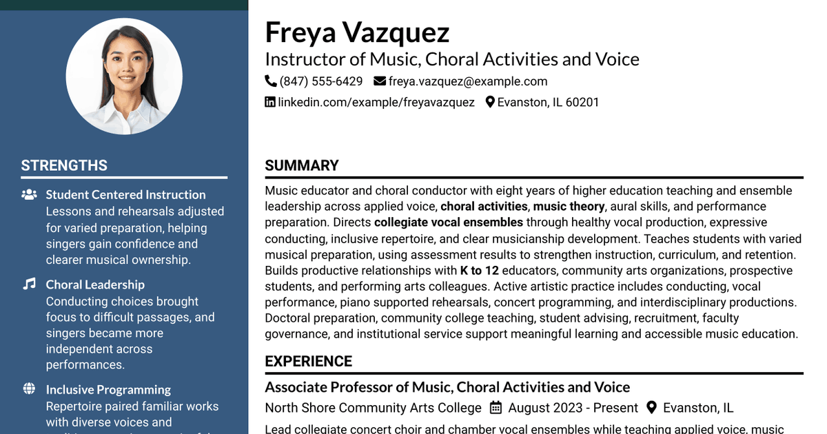 7 Instructor of Music - Choral Activities and Voice Resume Templates with Example