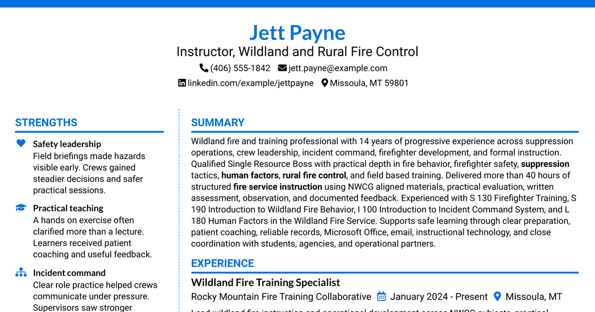 7 Instructor, Wildland & Rural Fire Control Resume Templates with Example