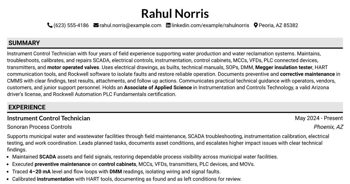 7 Instrument Control Technician Resume Templates with Example