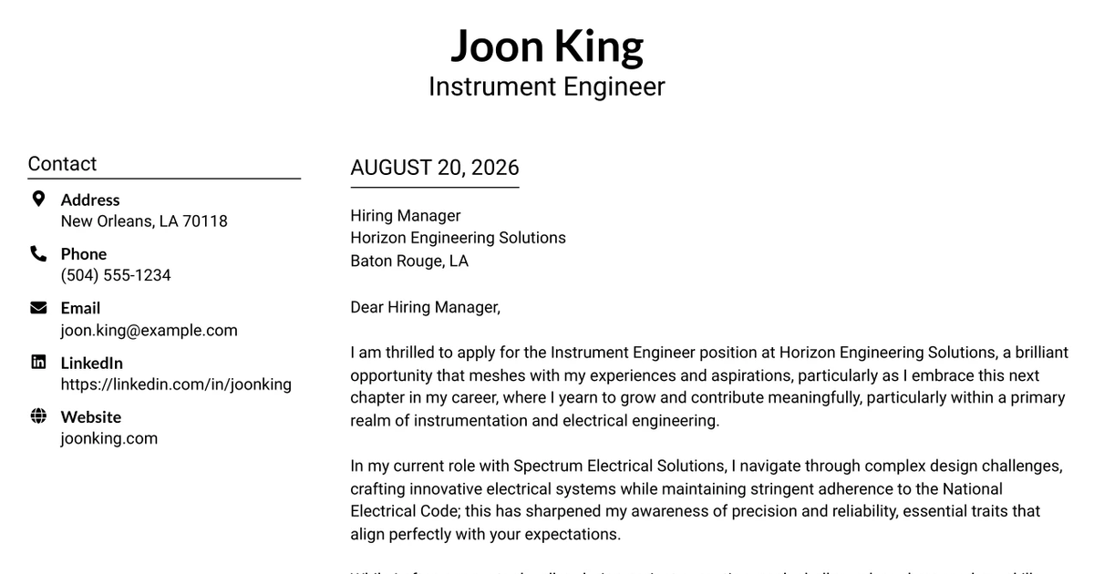 30+ Instrument Engineer Cover Letter Templates with Example 2026