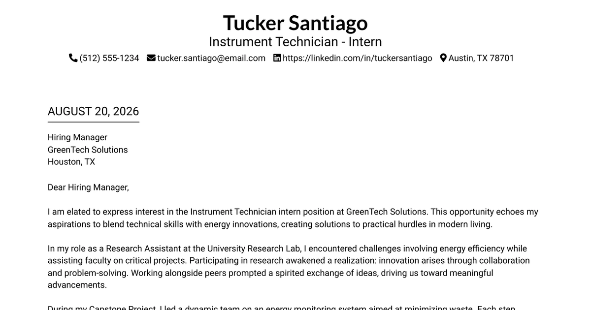 30+ Instrument Technician - Intern Cover Letter Templates with Example 2026