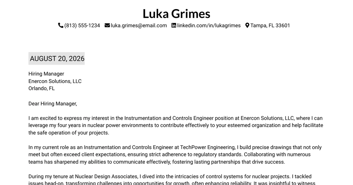 30+ Instrumentation & Controls Engineer Cover Letter Templates with Example 2026