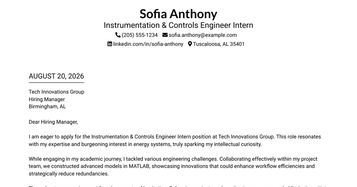 30+ Instrumentation & Controls Engineer Intern Cover Letter Templates with Example 2026