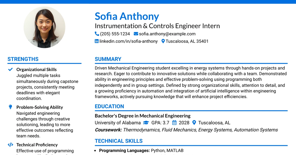 33 Instrumentation & Controls Engineer Intern Resume Templates with Example 2026 (ATS-Optimized)