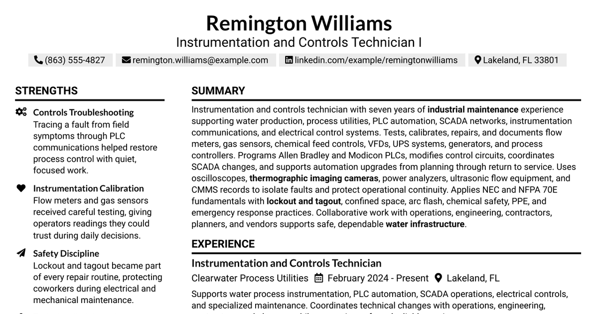 7 Instrumentation & Controls (I&C) Technician I Resume Templates with Example