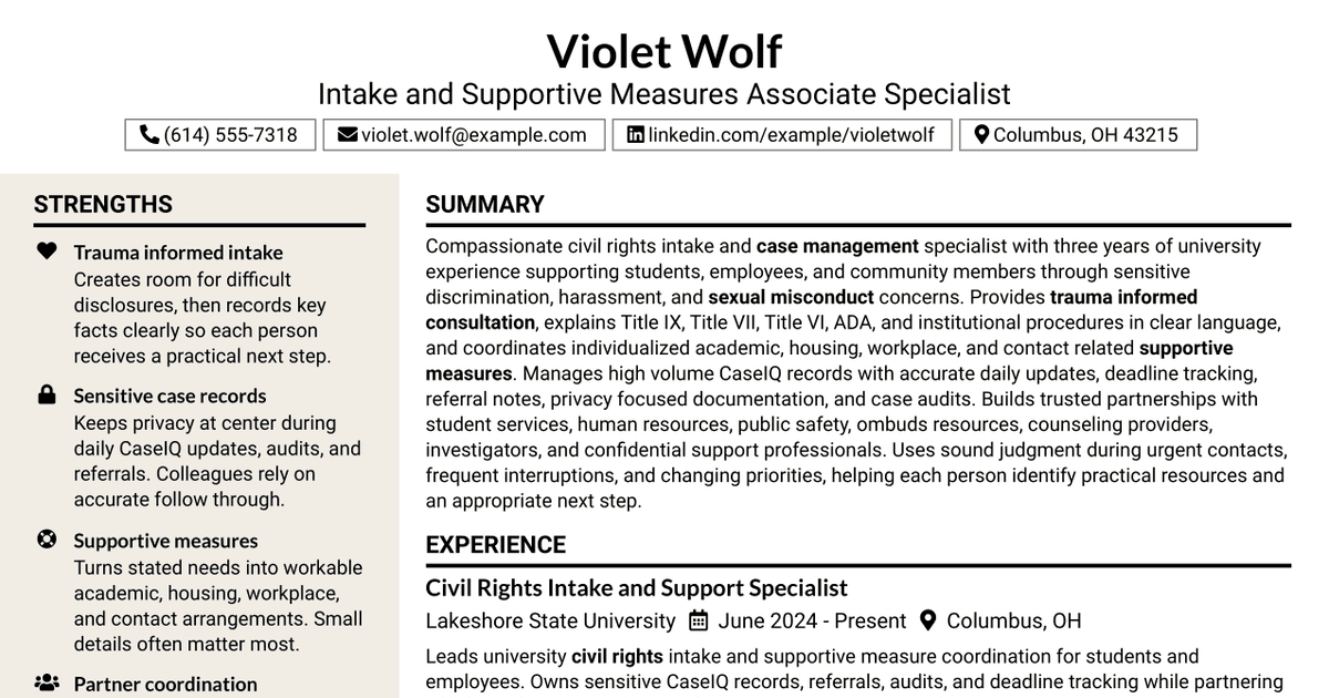 7 Intake and Supportive Measures Associate Specialist Resume Templates with Example