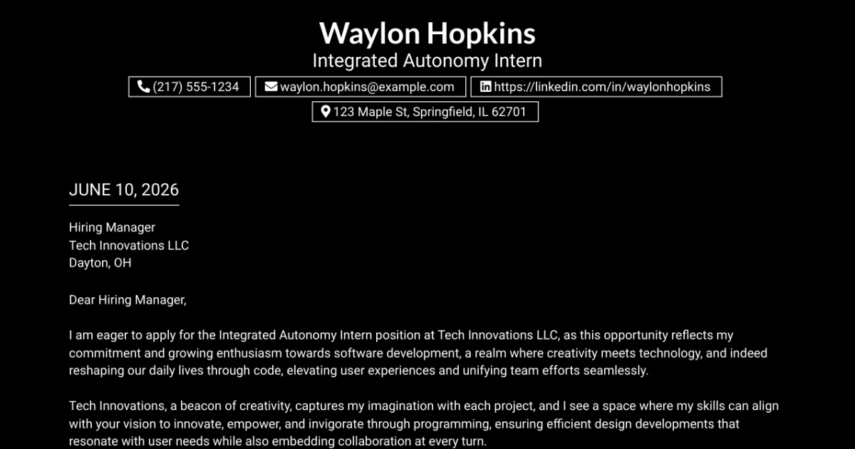 30+ Integrated Autonomy Intern Cover Letter Templates with Example 2026