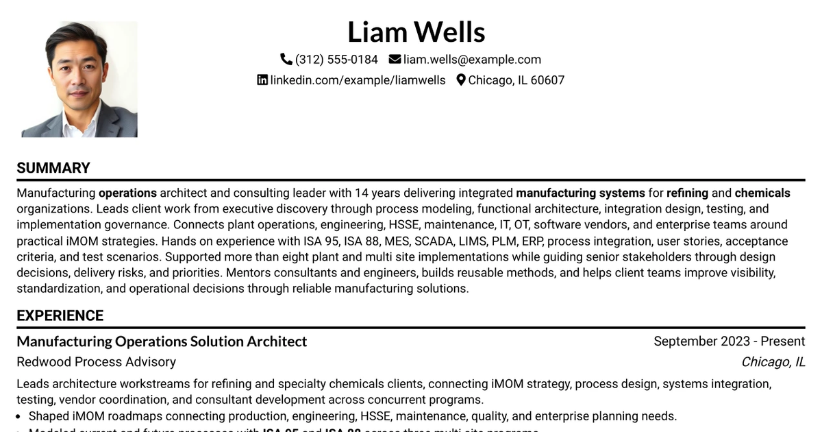 33 Integrated Manufacturing Operations Architect Manager - Refining & Chemicals Resume Templates with Example 2026 (ATS-Optimized)
