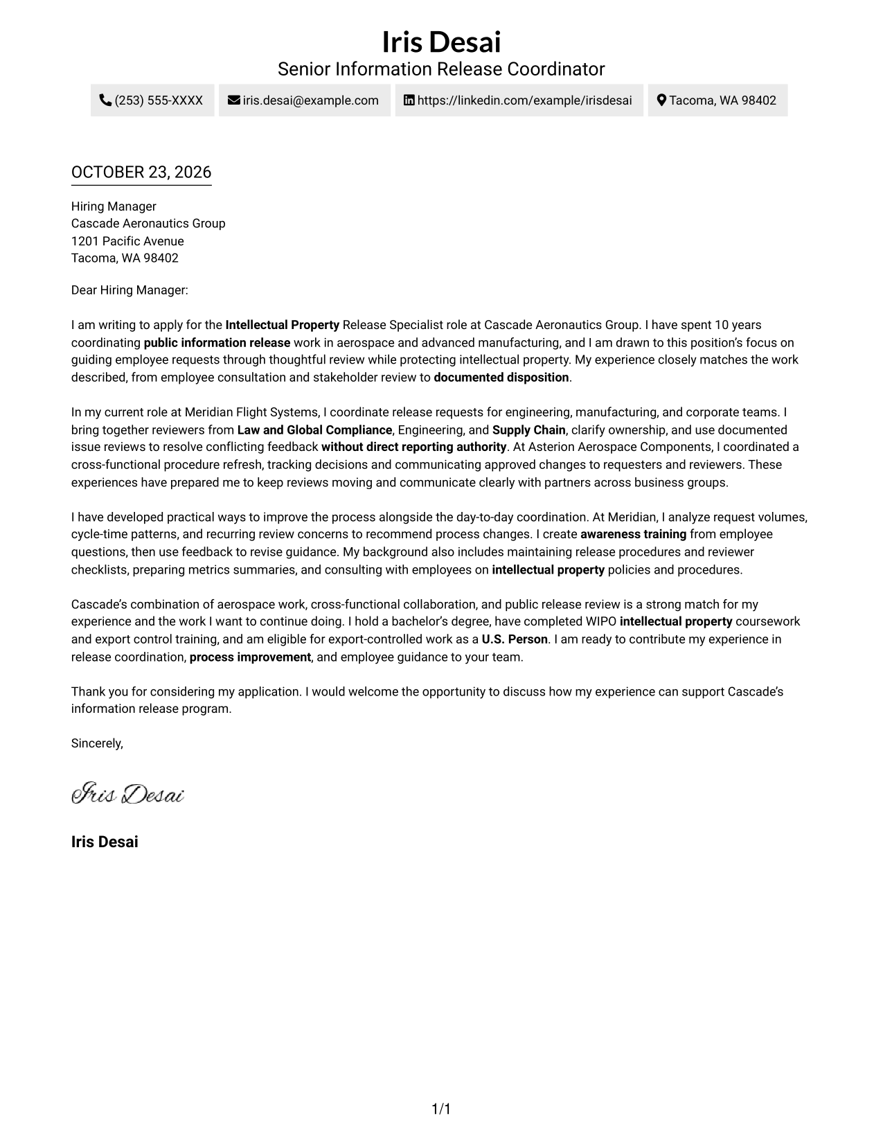 Cover letter example — page 1