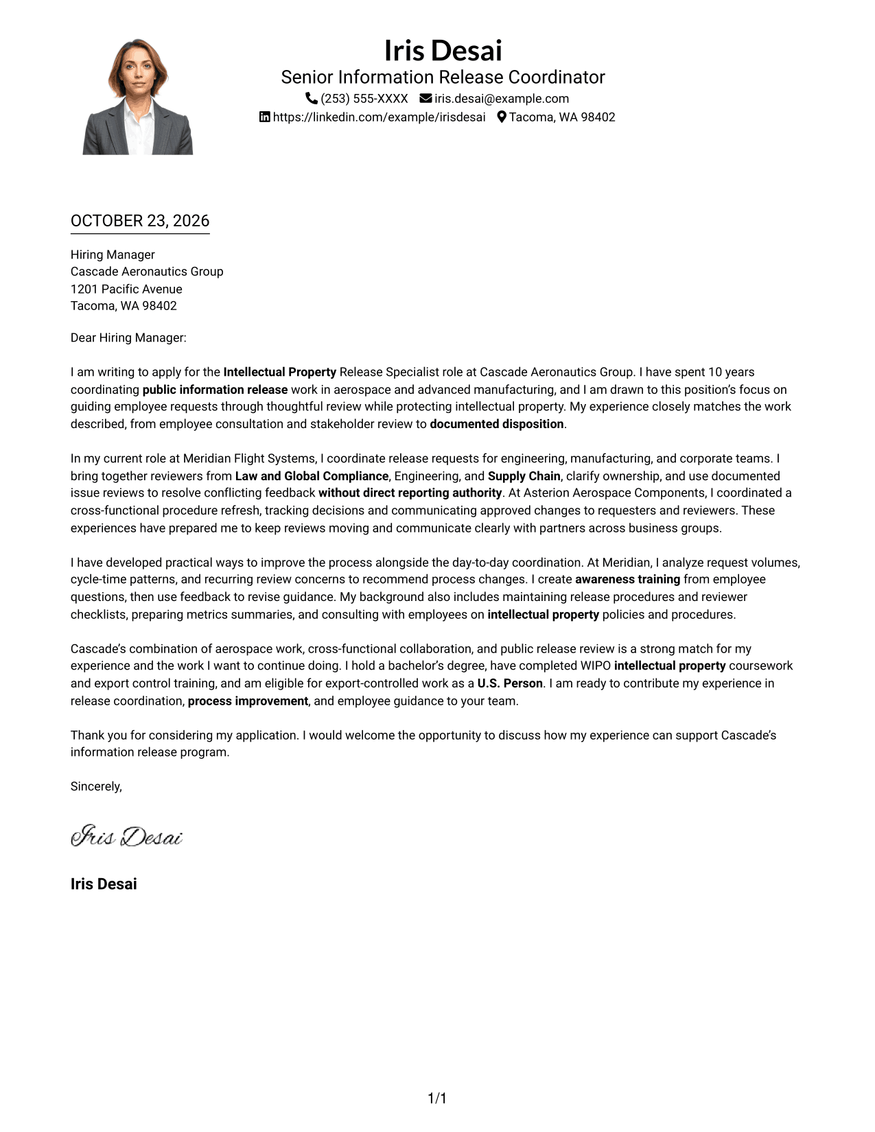 Cover letter example — page 1