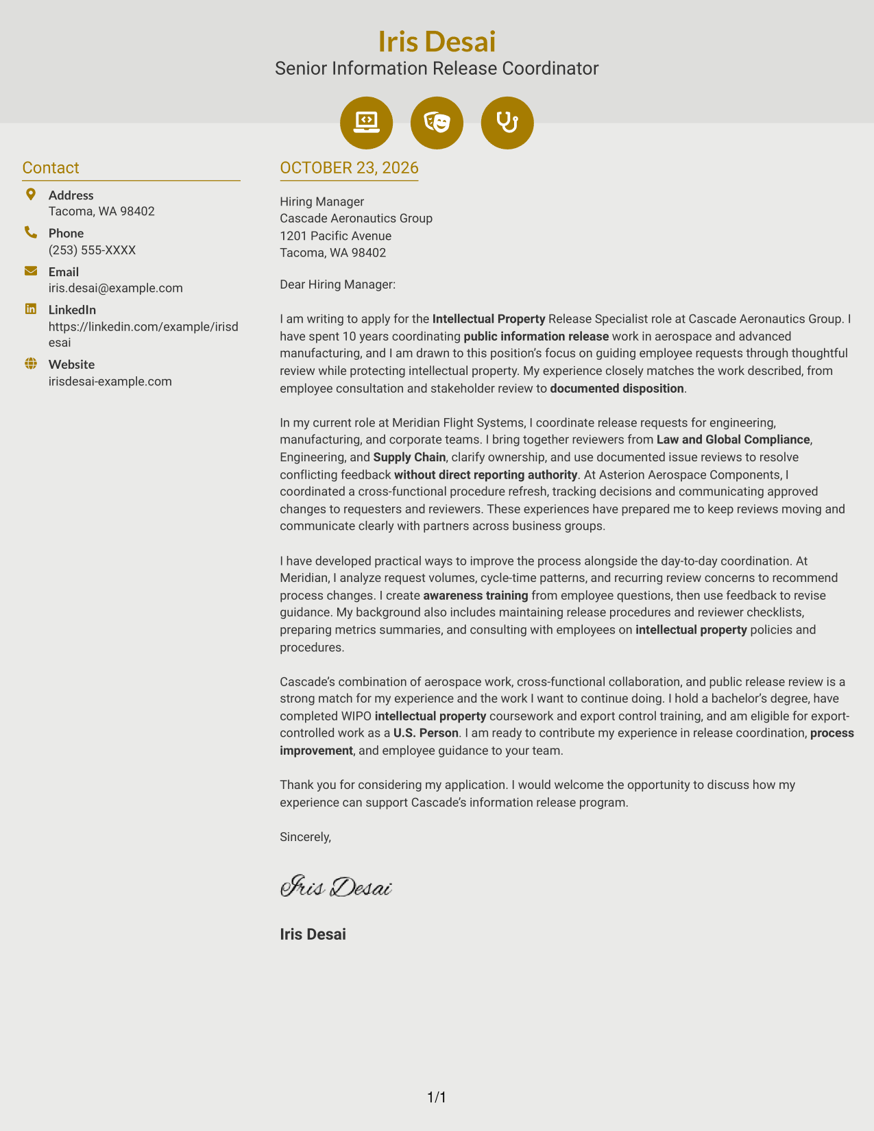 Cover letter example — page 1