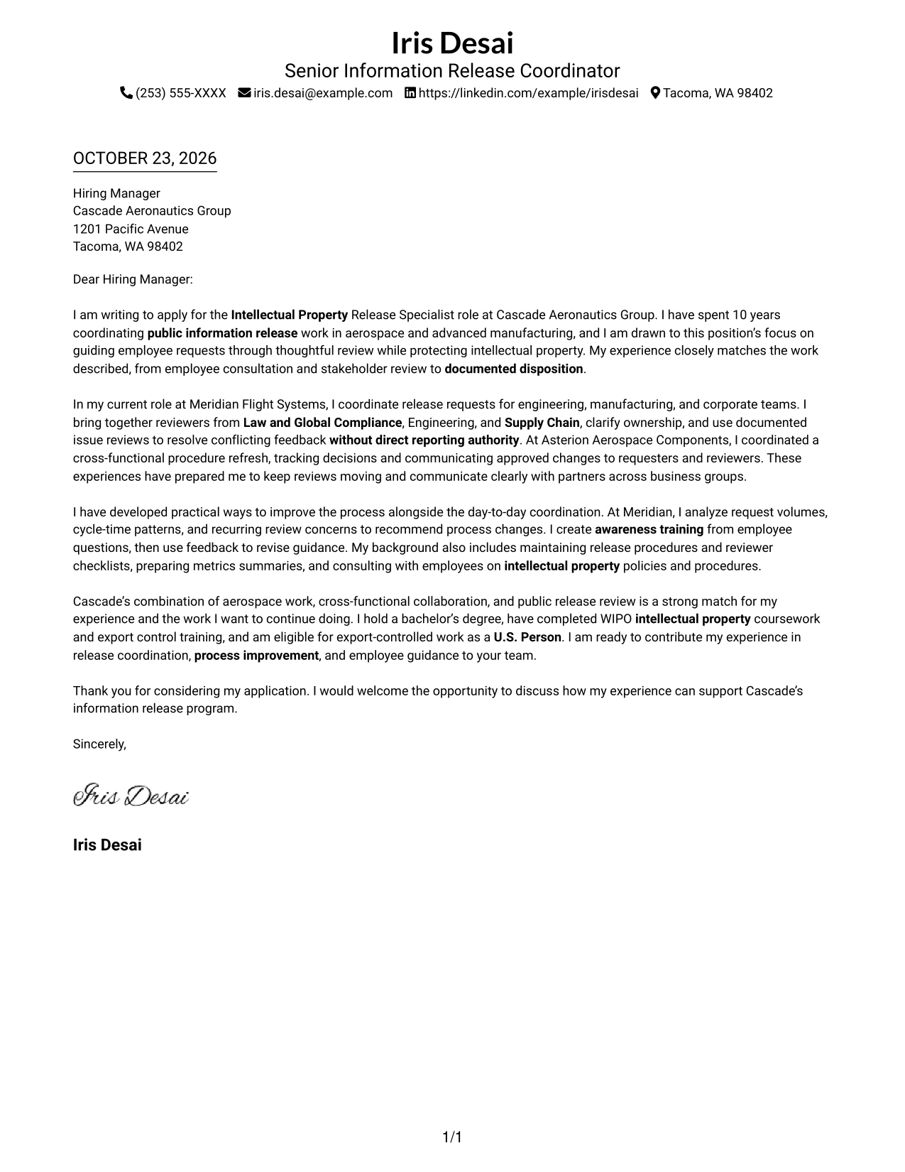 Cover letter example — page 1