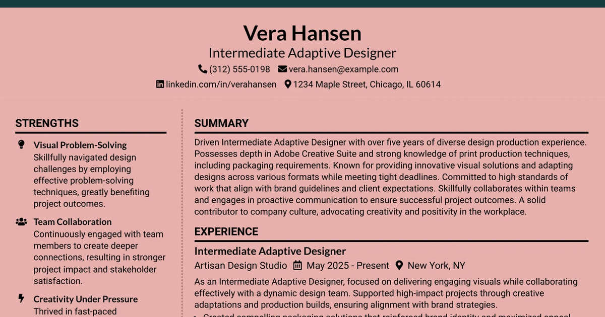 33 Intermediate Adaptive Designer Resume Templates with Example 2026 (ATS-Optimized)