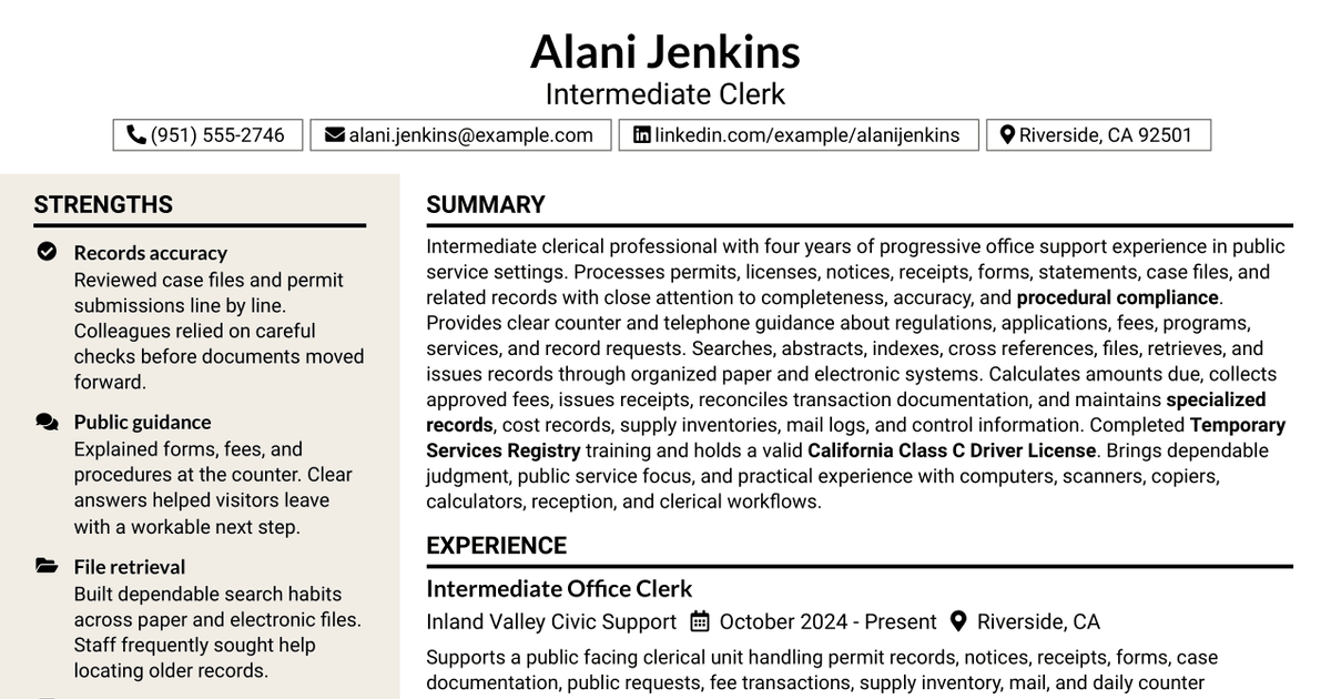 7 Intermediate Clerk Resume Templates with Example