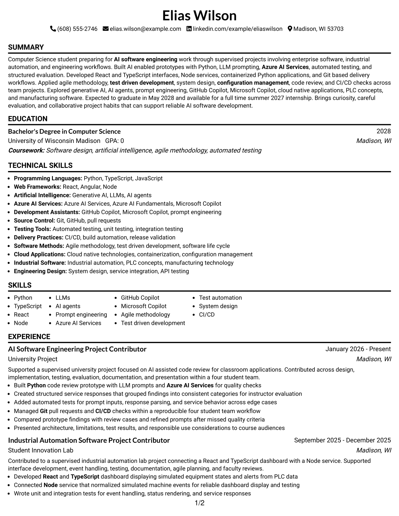 Resume Example Page 1