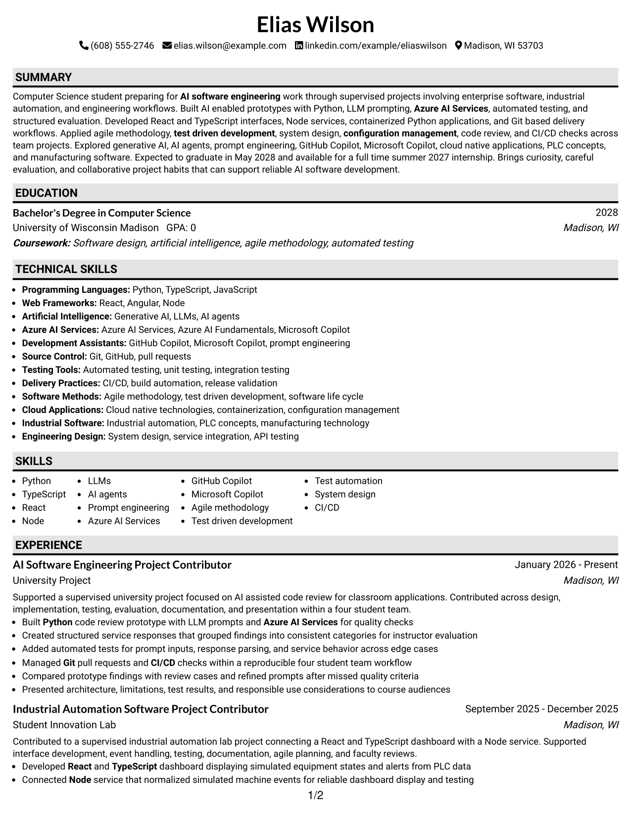 Resume Example Page 1
