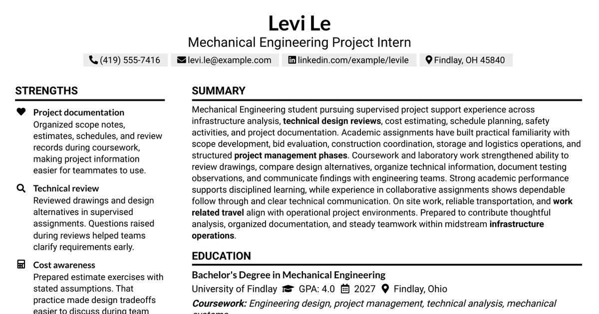 7 Intern/Co-op - Midstream Engineering Project Support Resume Templates with Example