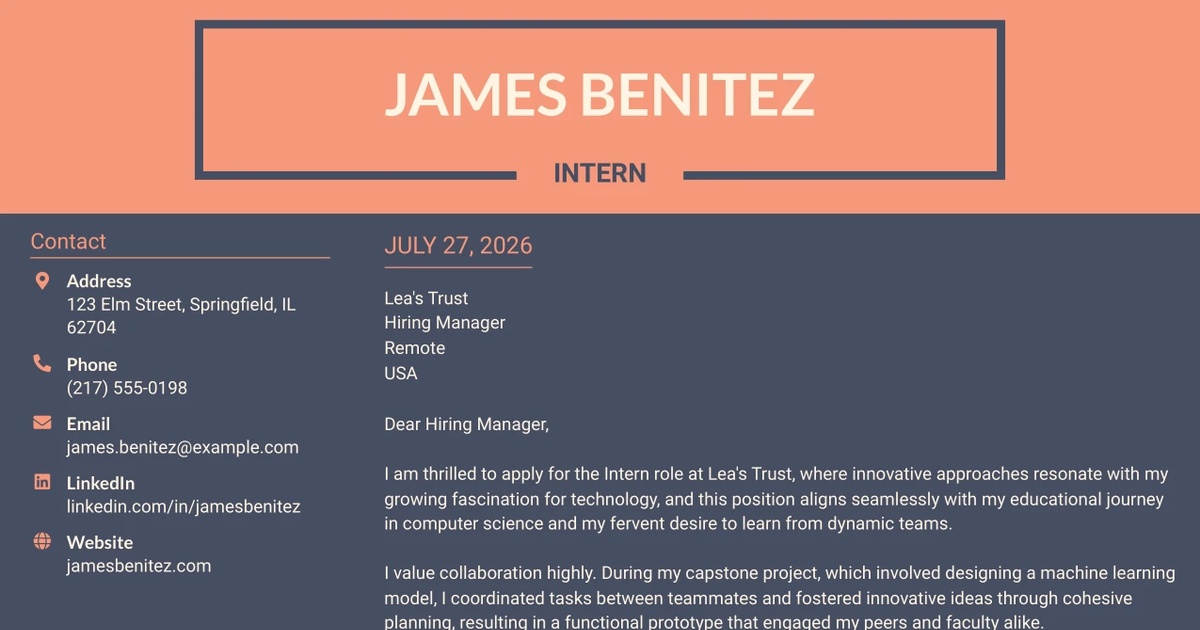 30+ Intern Cover Letter Templates with Example 2026