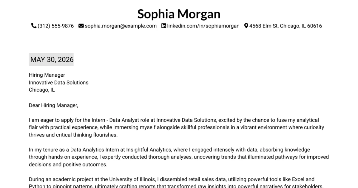 30+ Intern - Data Analyst Cover Letter Templates with Example 2026