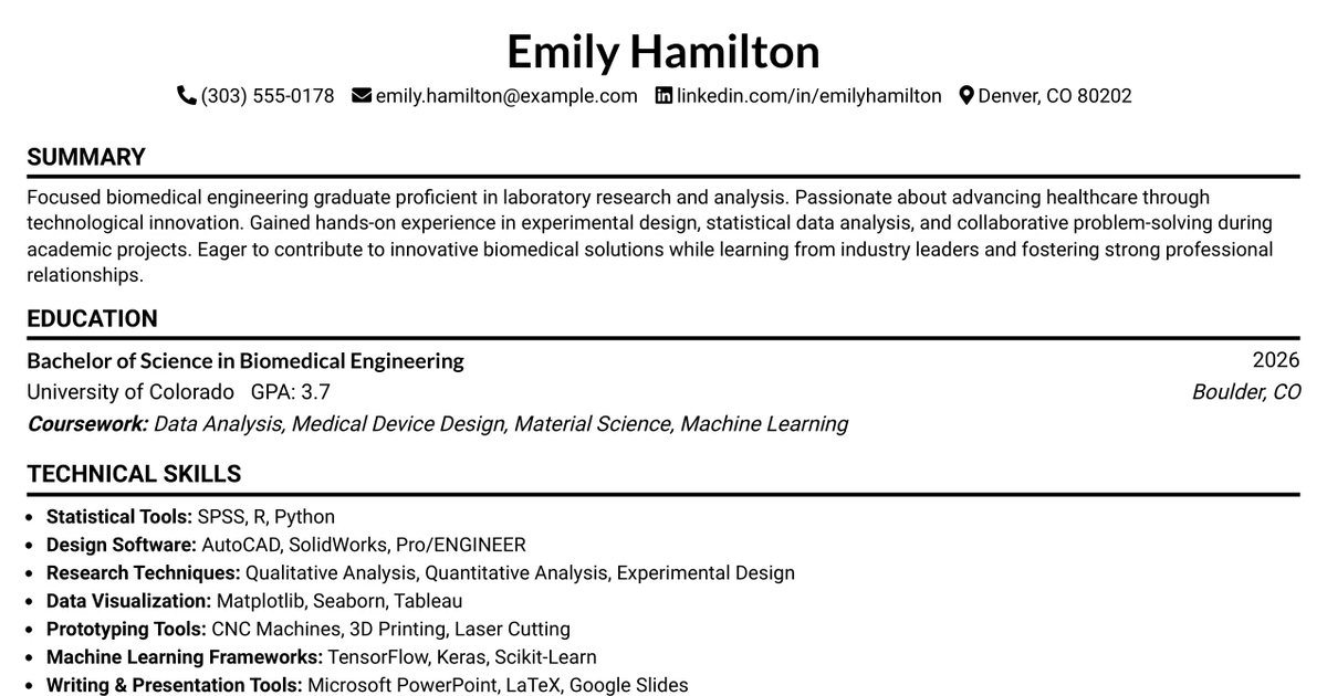 33 Intern Engineer Graduate - Biomedical Resume Templates with Example 2026 (ATS-Optimized)