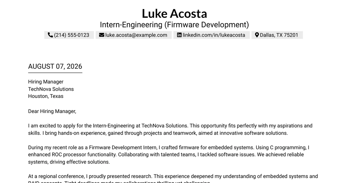 30+ Intern-Engineering (Firmware Development) Cover Letter Templates with Example 2026