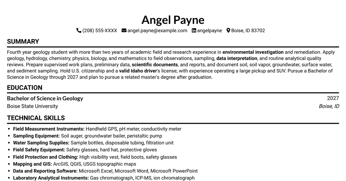 7 Intern Geologist - Environmental Remediation Resume Templates with Example