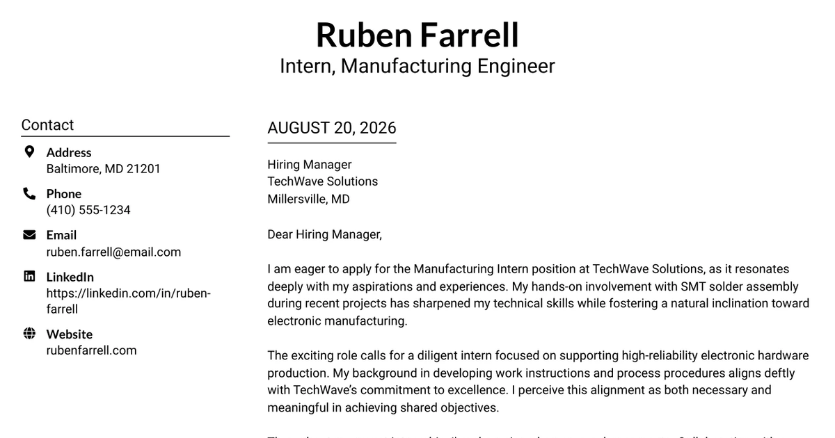 30+ Intern, Manufacturing Engineer Cover Letter Templates with Example 2026