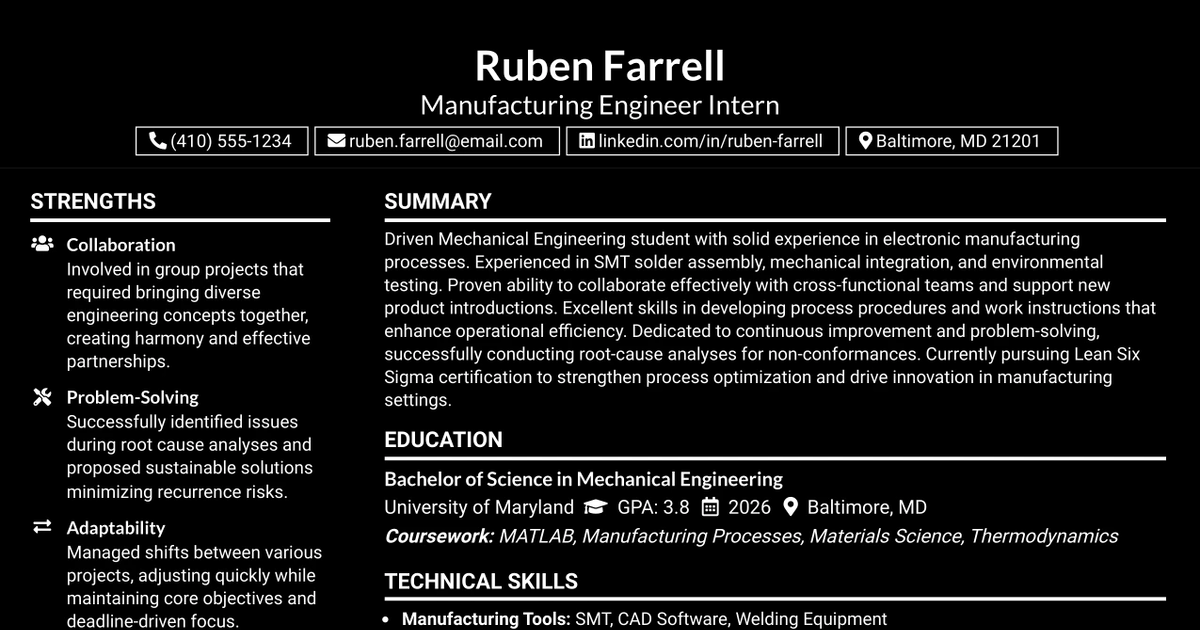 33 Intern, Manufacturing Engineer Resume Templates with Example 2026 (ATS-Optimized)