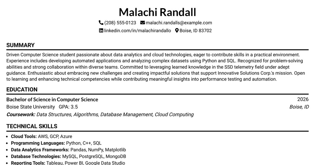 33 Intern - SSD Telemetry and Data Science Resume Templates with Example 2026 (ATS-Optimized)