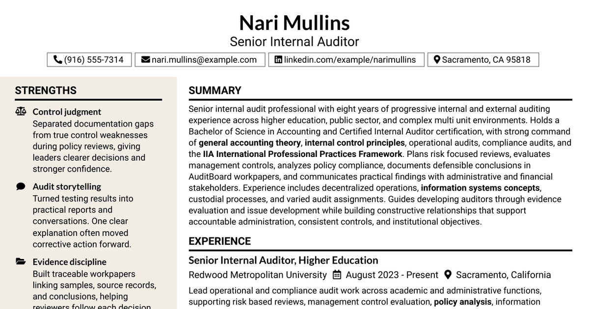 7 Internal/Senior Auditor Resume Templates with Example