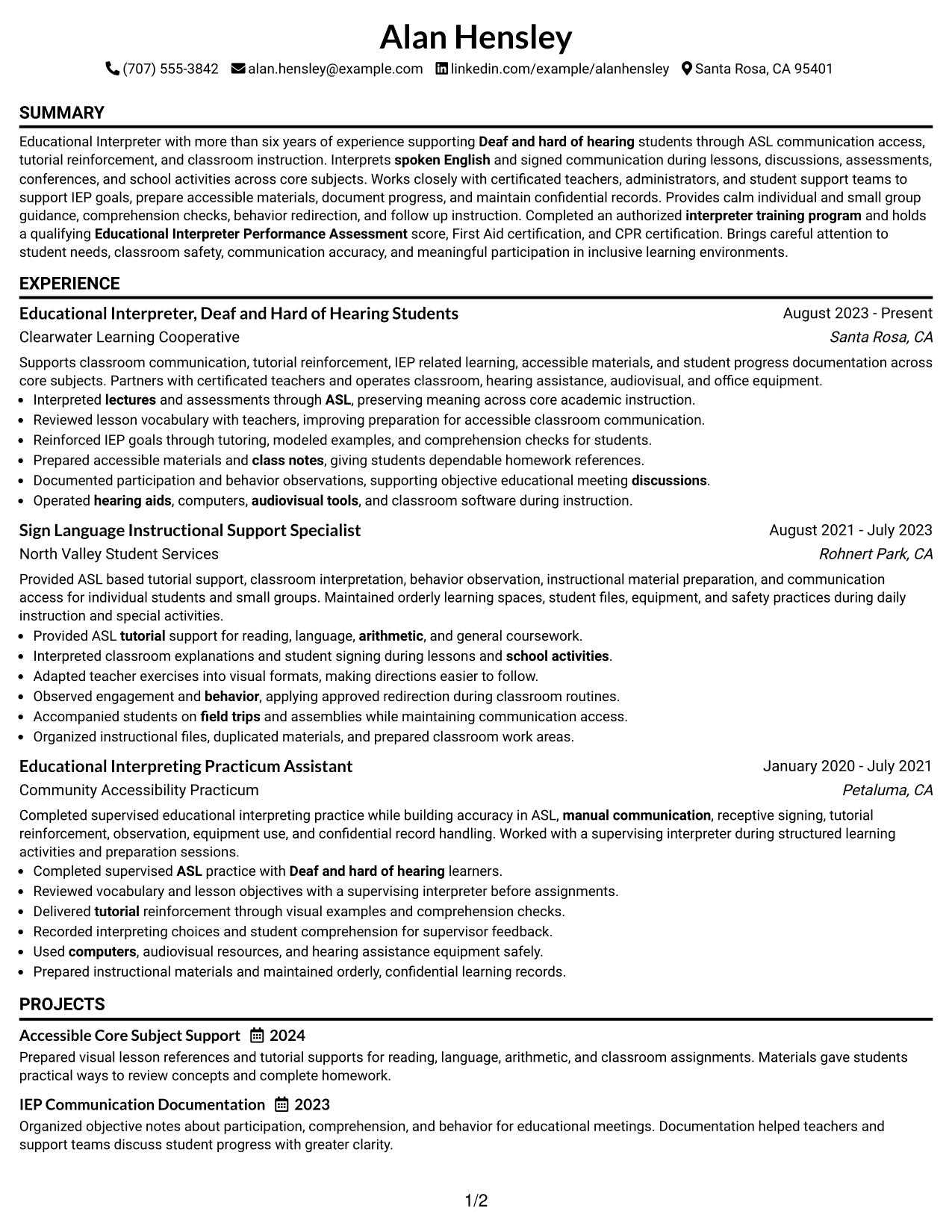 Resume Example Page 1