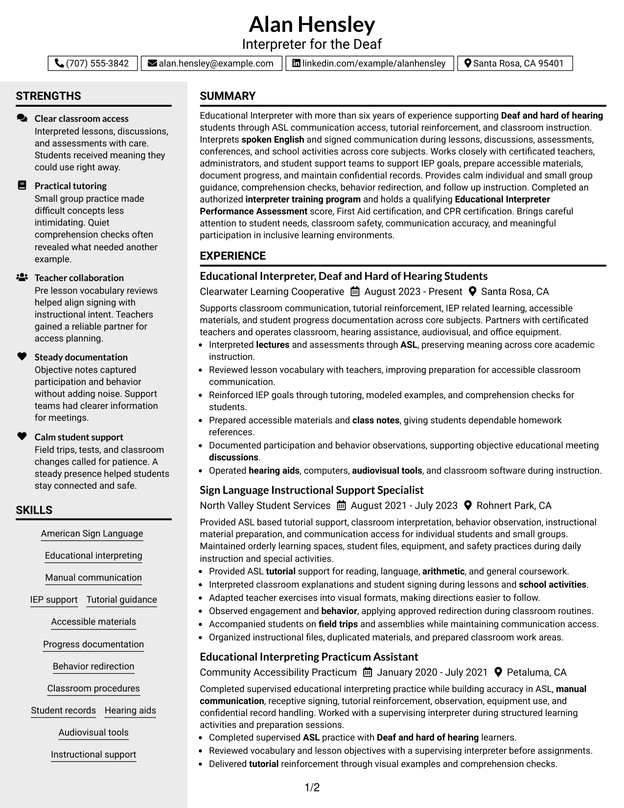 Resume Example Page 1