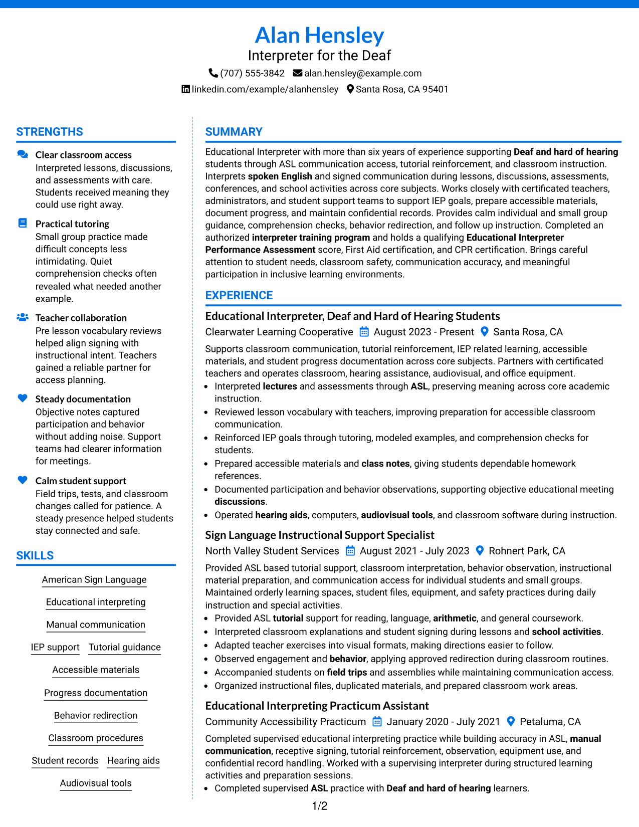 Resume Example Page 1