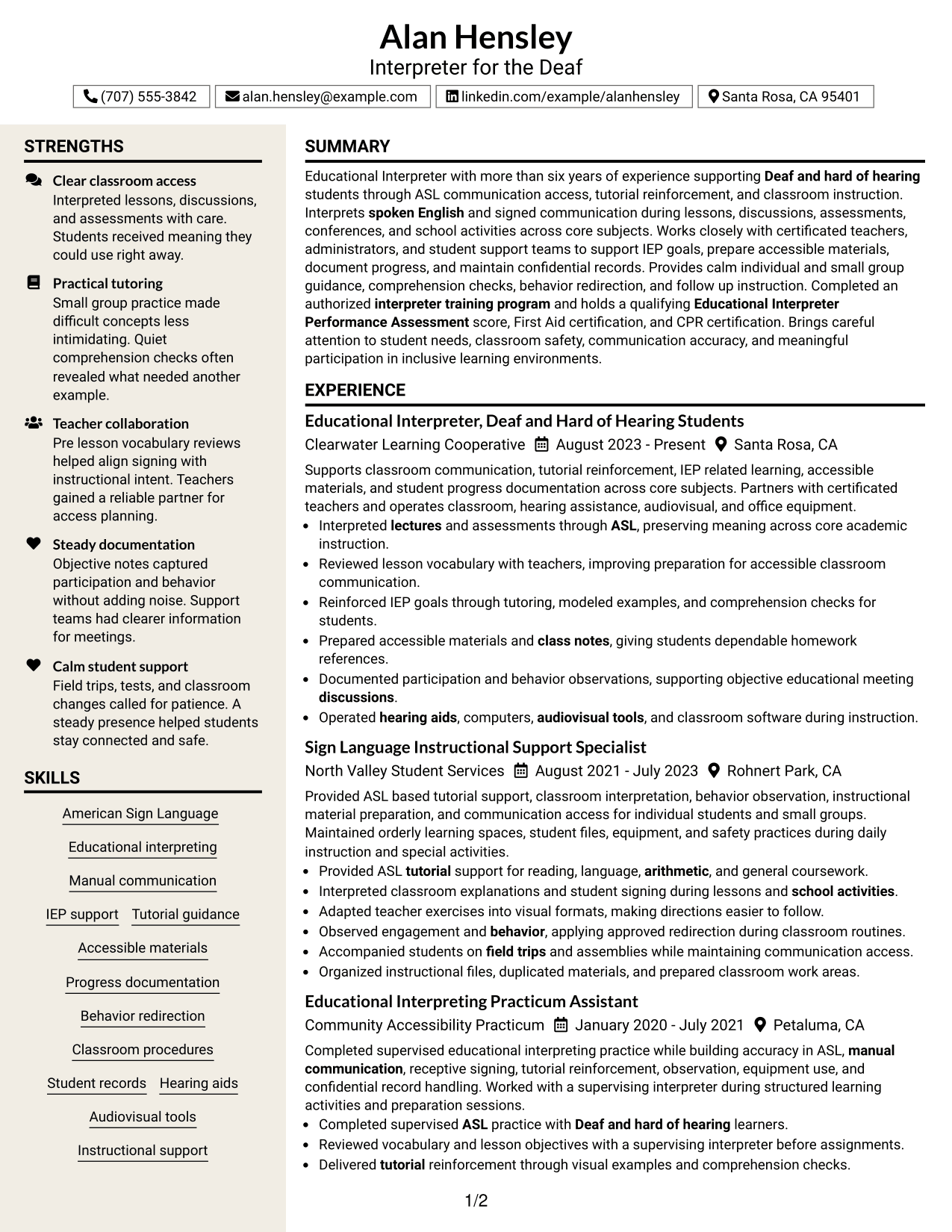 Resume Example Page 1