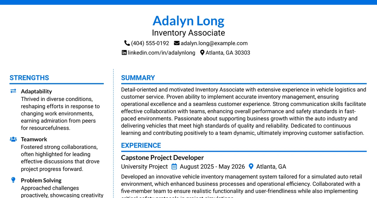 33 Inventory Associate Resume Templates with Example 2026 (ATS-Optimized)
