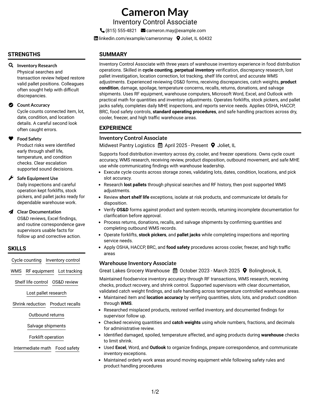 Resume Example Page 1